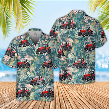 Joycorners Red Tractor Tropical Leaves Pattern Hawaiian Shirt