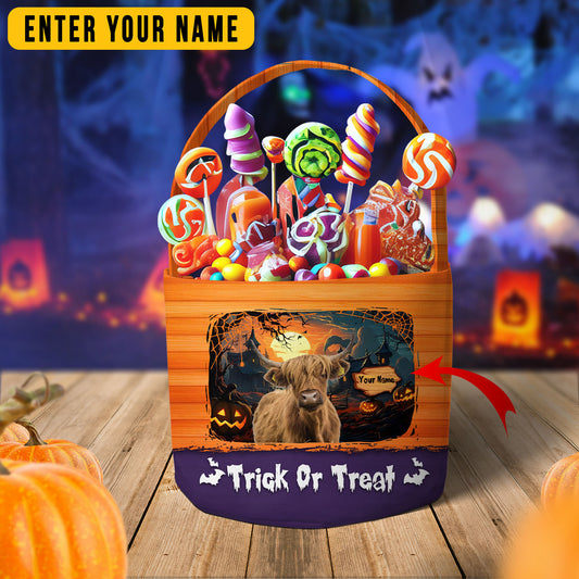 Joycorners Highland Cattle Trick Or Treat Personalized Name Halloween Spooky Candy Basket