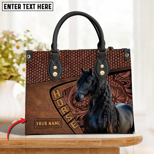 JC Friesian Horse Carving Leather Pattern Custom Name 3D Leather Handbag