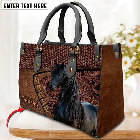 JC Friesian Horse Carving Leather Pattern Custom Name 3D Leather Handbag