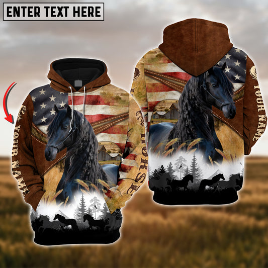 Joycorners Custom Name Friesian Horse Lovers US Flag 3D Hoodie