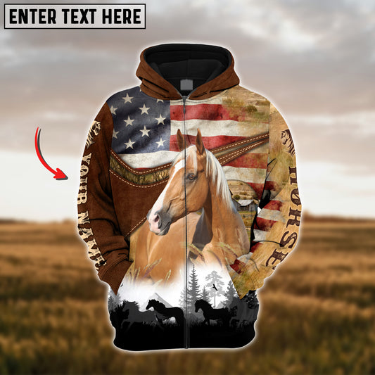 Joycorners Custom Name Palomino Horse Lovers US Flag 3D Hoodie