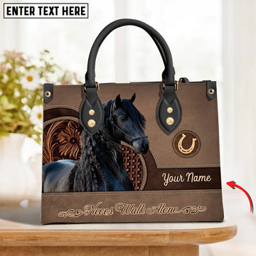JC Friesian Horse Never Walk Alone Custom Name 3D Leather Handbag