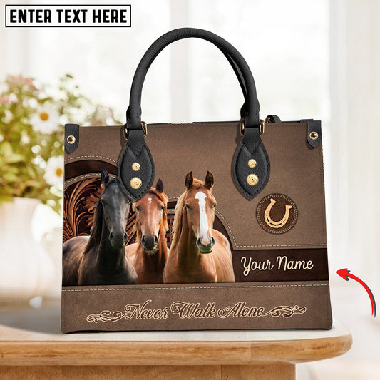 JC Horse Lovers Never Walk Alone Custom Name 3D Leather Handbag