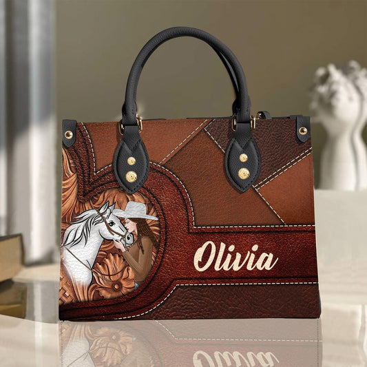 JC Horse Lovers Carving Leather Pattern Custom Name 3D Leather Handbag