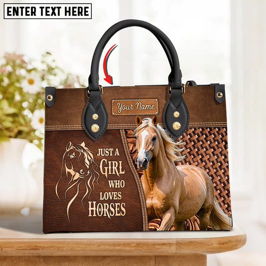 JC Palomino Horse Just A Girl Who Loves Horses Custom Name 3D Leather Handbag