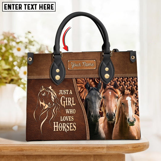 JC Horse Lovers Just A Girl Who Loves Horses Custom Name 3D Leather Handbag
