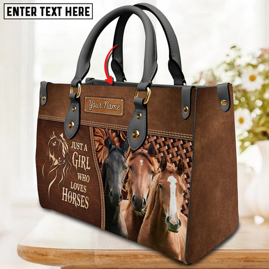 JC Horse Lovers Just A Girl Who Loves Horses Custom Name 3D Leather Handbag