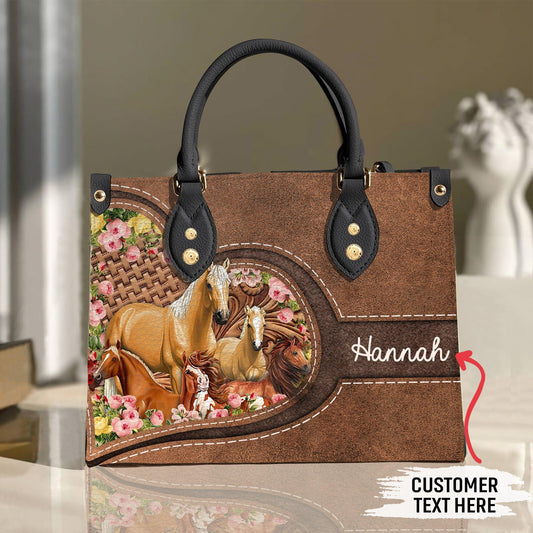 JC Horse Lovers Flowers Carving Leather Pattern Custom Name 3D Leather Handbag