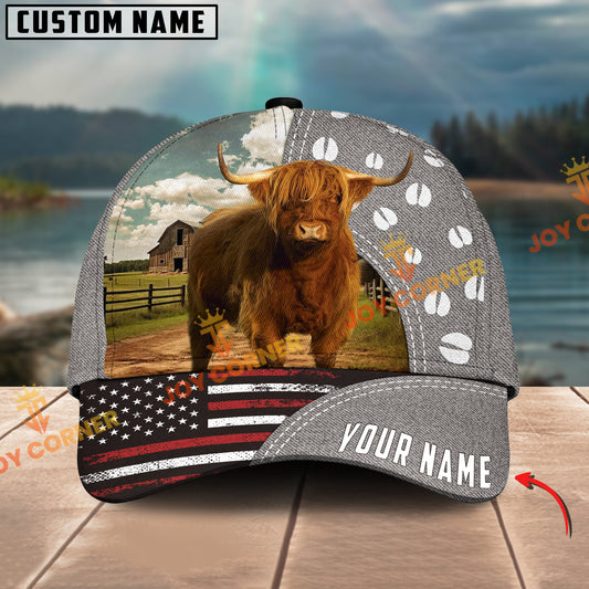 Joycorners Highland Cattle American Flag Customized Name 3D Classic Cap