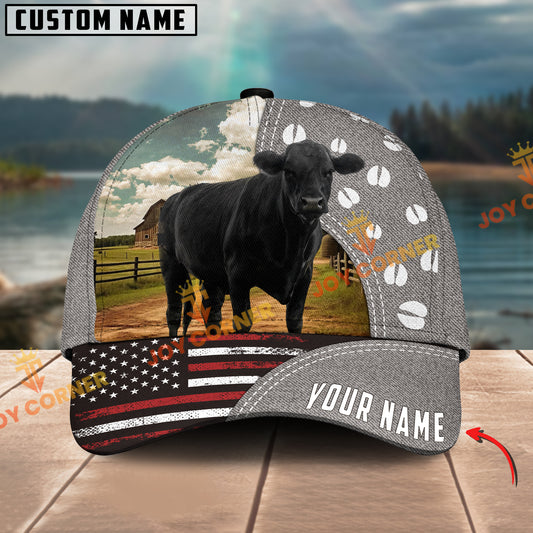 Joycorners Black Angus Cattle American Flag Customized Name 3D Classic Cap