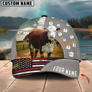 Joycorners Hereford Cattle American Flag Customized Name 3D Classic Cap