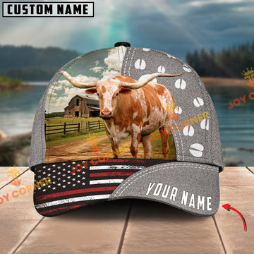 Joycorners Texas Longhorn Cattle American Flag Customized Name 3D Classic Cap