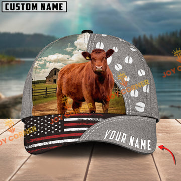 Joycorners Red Angus Cattle American Flag Customized Name 3D Classic Cap