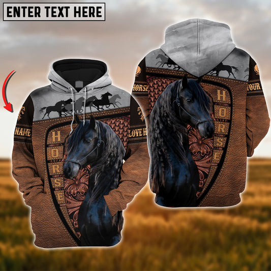 Joycorners Custom Name Friesian Horse Carving Leather Pattern 3D Hoodie