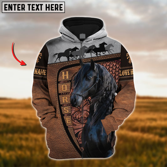 Joycorners Custom Name Friesian Horse Carving Leather Pattern 3D Hoodie