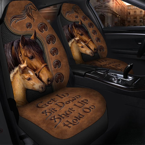 Joycorners 2 Brown Horses Brown Leather Pattern Car Seat Covers Universal Fit (2Pcs)