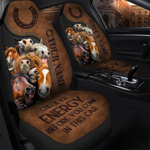 Joycorners Horse Lovers Personalized Name Brown Leather Pattern Car Seat Covers Universal Fit (2Pcs)