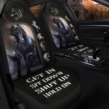 Joycorners Black Horse Black Leather Pattern Car Seat Covers Universal Fit (2Pcs)