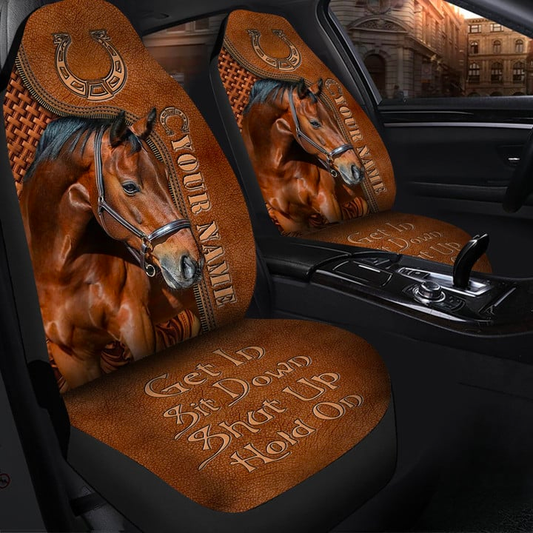 Joycorners Brown Horse Personalized Name Brown Leather Pattern Car Seat Covers Universal Fit (2Pcs)