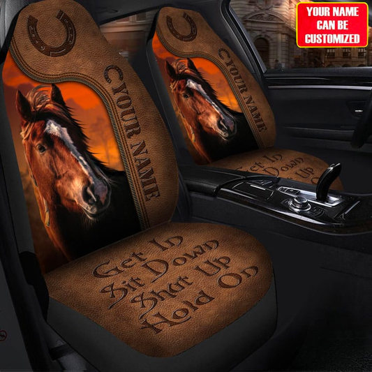 Joycorners Brown Horse Personalized Name Brown Leather Pattern Car Seat Covers Universal Fit (2Pcs)