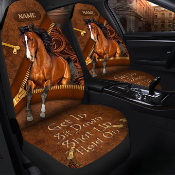 Joycorners Brown Horse Personalized Name Brown Leather Pattern Car Seat Covers Universal Fit (2Pcs)