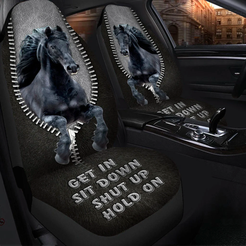 Joycorners Black Horse Black Leather Pattern Car Seat Covers Universal Fit (2Pcs)