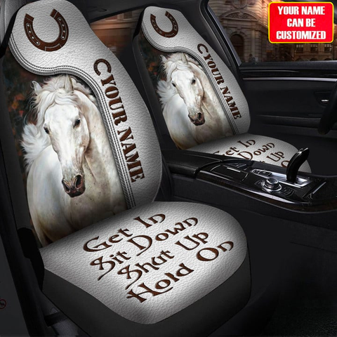 Joycorners White Horse Personalized Name White Leather Pattern Car Seat Covers Universal Fit (2Pcs)