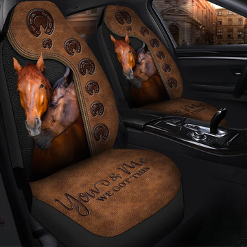 Joycorners 2 Brown Horses Brown Leather Pattern Car Seat Covers Universal Fit (2Pcs)