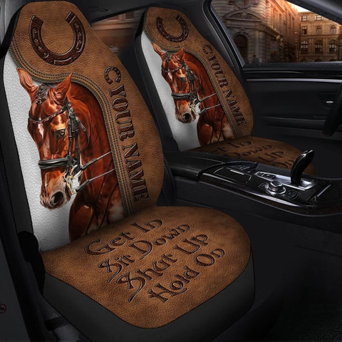 Joycorners Brown Horse Personalized Name Brown Leather Pattern Car Seat Covers Universal Fit (2Pcs)