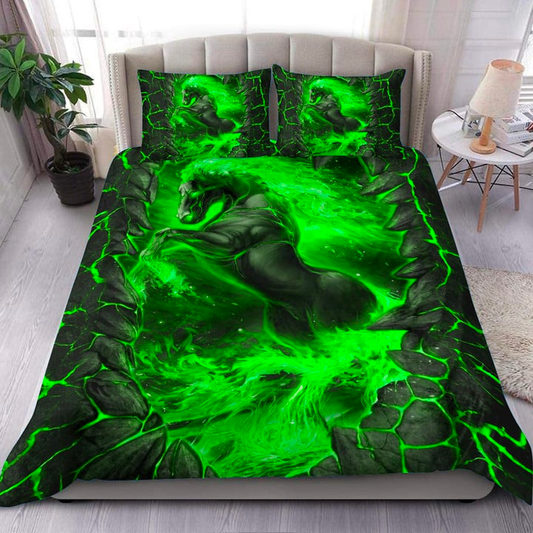 JoyCorners Horse Fire Lava Green Pattern 3D Bedding Set