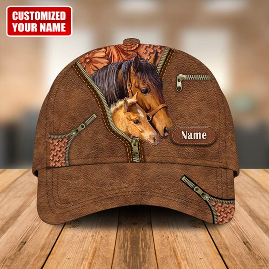 Joycorners 2 Brown Horses Leather Pattern Customized Name Cap