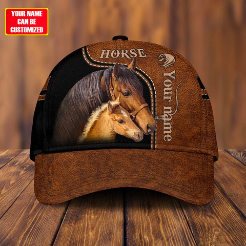 Joycorners 2 Brown Horses Leather Pattern Customized Name Cap
