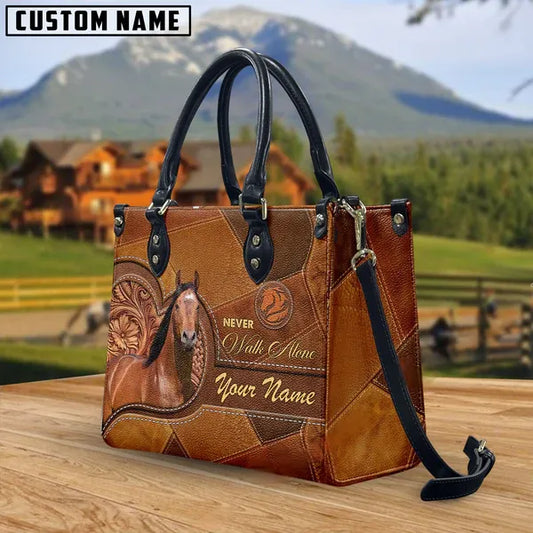 JC American Quarter Horse Never Walk Alone Custom Name 3D Leather Handbag