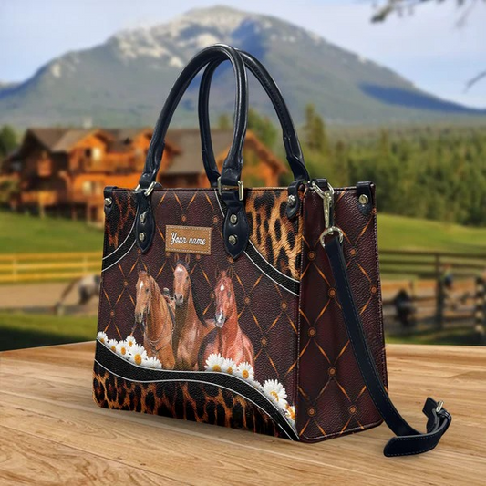 JC American Quarter Horse Happiness Sunflower Custom Name 3D Leather Handbag