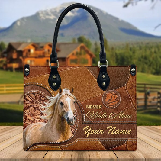 JC Palomino Horse Never Walk Alone Custom Name 3D Leather Handbag