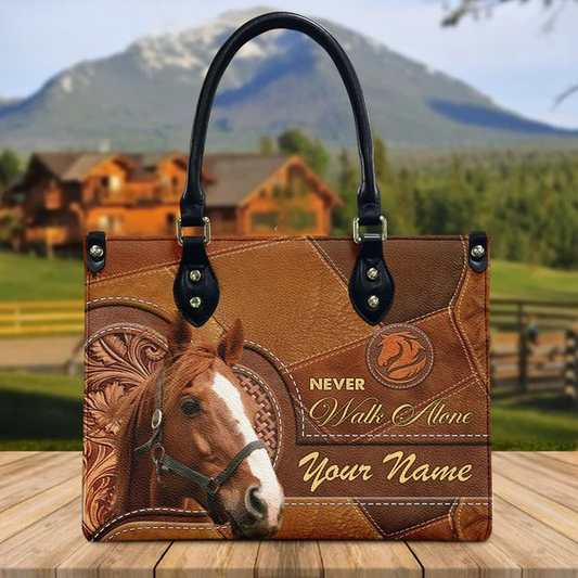 JC Thoroughbred Horse Never Walk Alone Custom Name 3D Leather Handbag