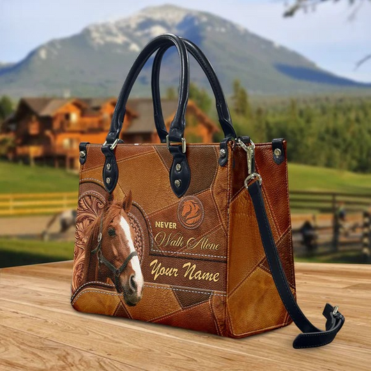 JC Thoroughbred Horse Never Walk Alone Custom Name 3D Leather Handbag