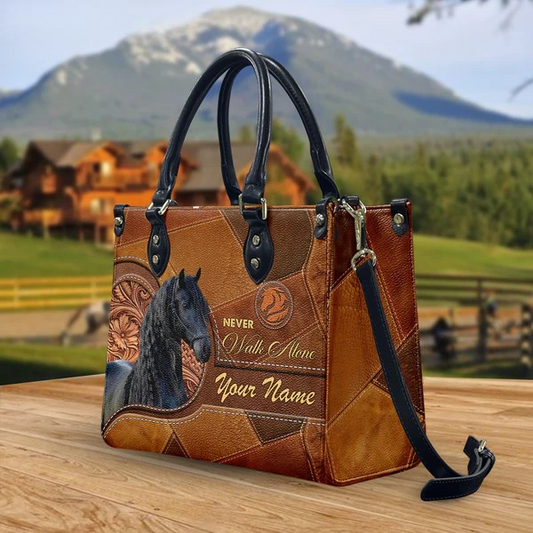 JC Friesian Horse Never Walk Alone Custom Name 3D Leather Handbag