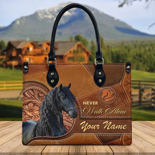 JC Friesian Horse Never Walk Alone Custom Name 3D Leather Handbag