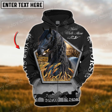 Joycorners Custom Name Friesian Horse Never Walk Alone Black Pattern 3D Hoodie