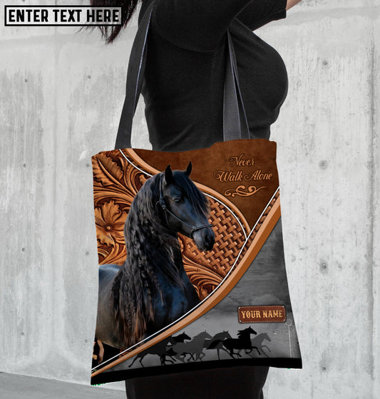 Joycorners Friesian Horse Never Walk Alone Custom Name 3D Tote Bag