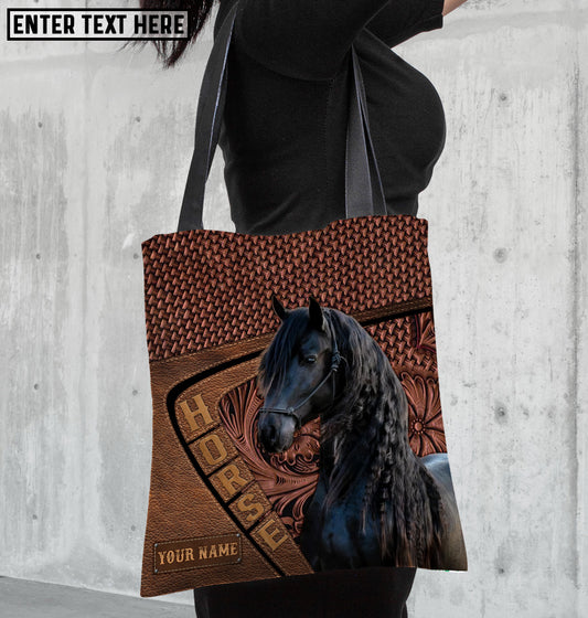 Joycorners Friesian Horse Carving Leather Pattern Custom Name 3D Tote Bag