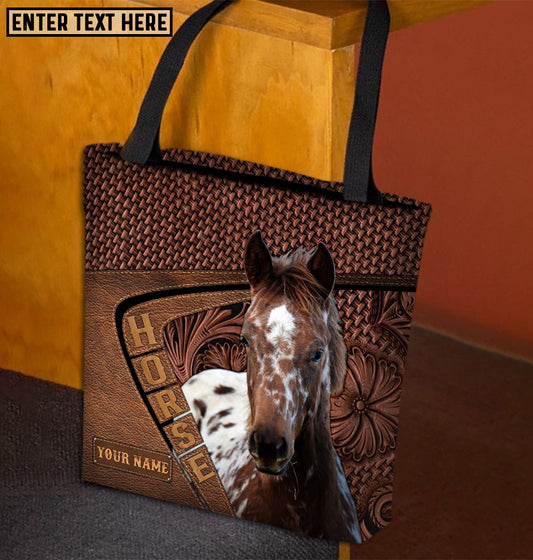 Joycorners Appaloosa Horse Carving Leather Pattern Custom Name 3D Tote Bag