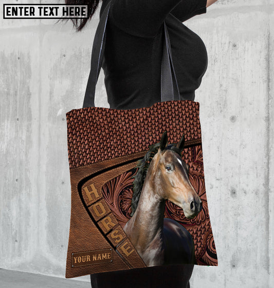 Joycorners Hackney Horse Carving Leather Pattern Custom Name 3D Tote Bag