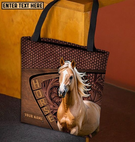 Joycorners Palomino Horse Carving Leather Pattern Custom Name 3D Tote Bag