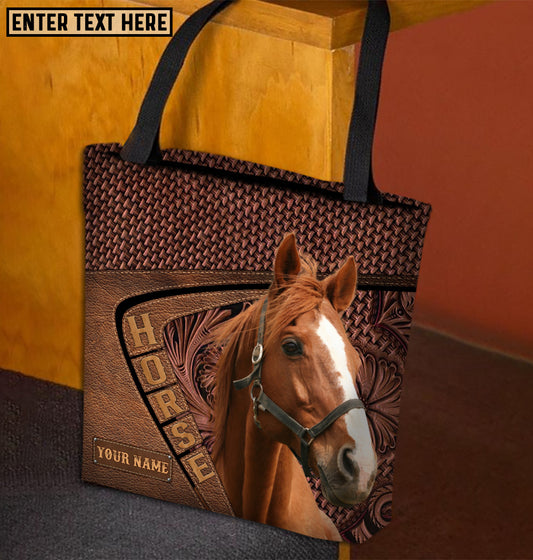 Joycorners Thoroughbred Horse Carving Leather Pattern Custom Name 3D Tote Bag