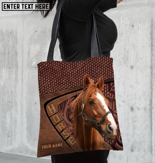 Joycorners Thoroughbred Horse Carving Leather Pattern Custom Name 3D Tote Bag