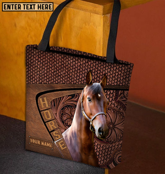 Joycorners Morgan Horse Carving Leather Pattern Custom Name 3D Tote Bag