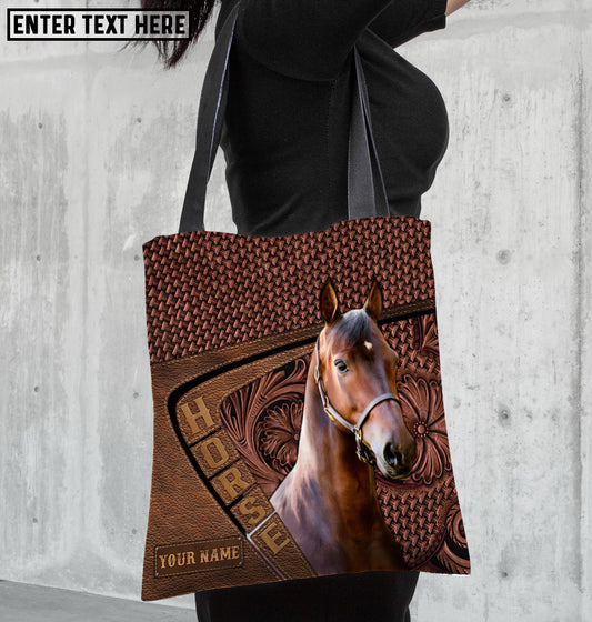 Joycorners Morgan Horse Carving Leather Pattern Custom Name 3D Tote Bag